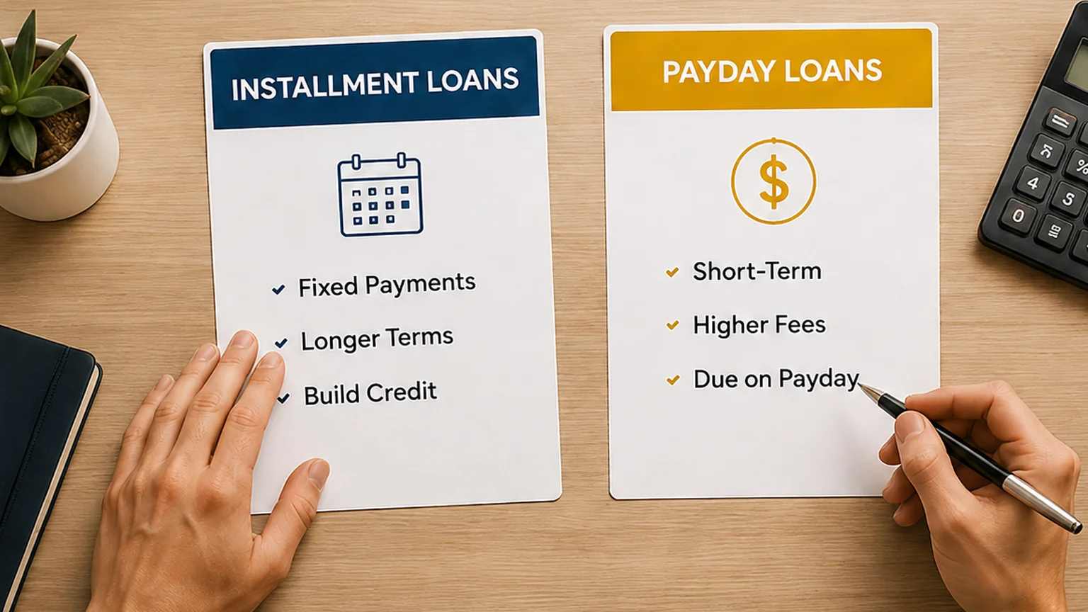 Side-by-side comparison of installment loans and payday loans